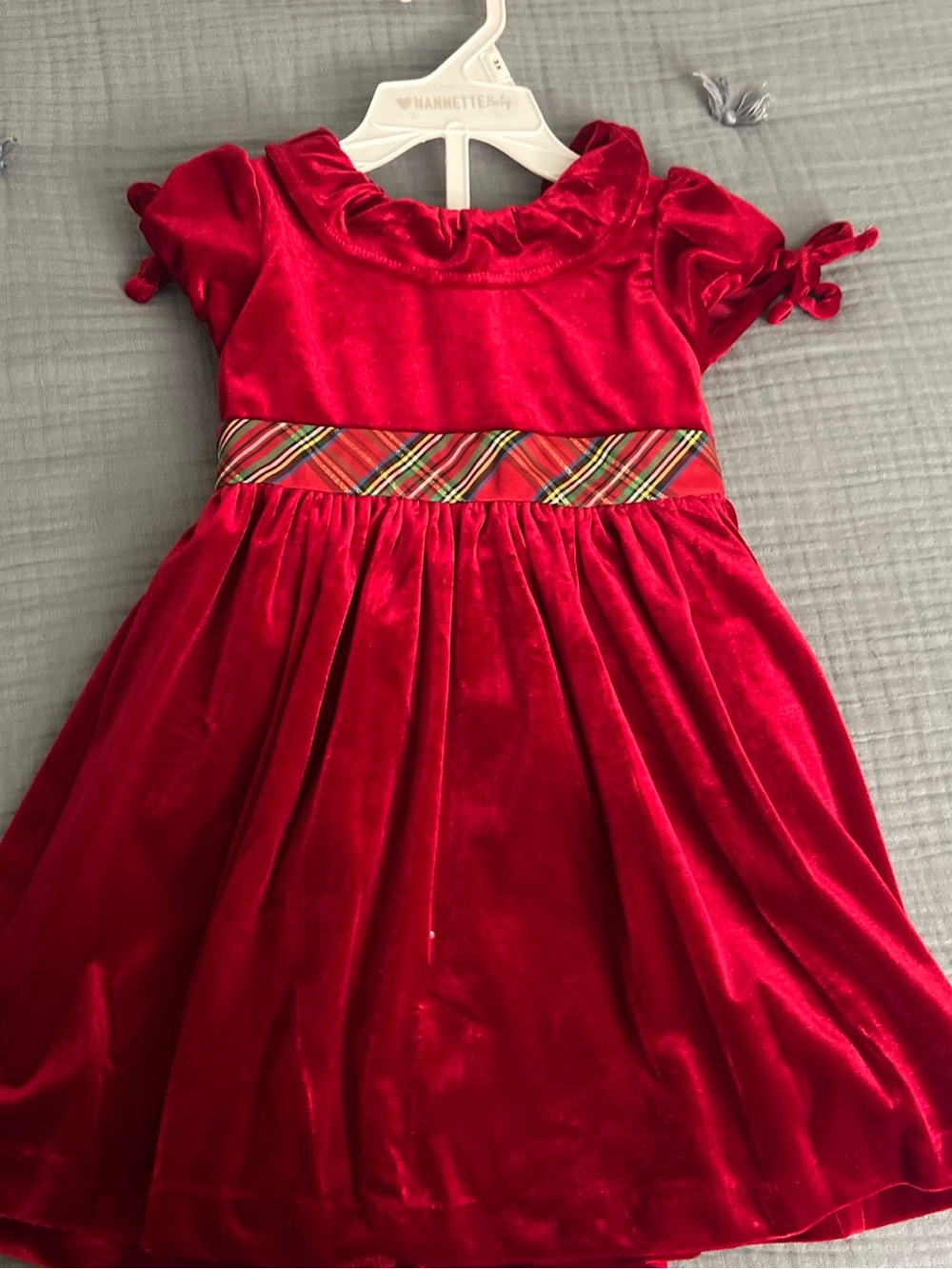 Macy's Red Velvet Holiday Dress with Plaid Waistband